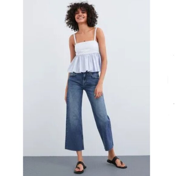 New Zara Blue and White Striped Open-Back Cropped Tank Top - Picture 3 of 16